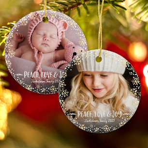 2 Photo Peace Kärlek Joy Guld Snowflake jul Julgransprydnad Keramik
