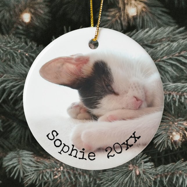 2 Photo Pet Namn & Year Simple Black Typography Julgransprydnad Keramik (Skapare uppladdad)