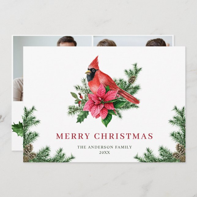 2 PHOTO Poinsettia Red Kardinal jul Hälsning Julkort (Fram/baksida)