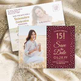 2 Photo Quinceanera Burgundy Guld Spara datum Inbjudan Vykort