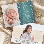 2 Photo Quinceanera Elegant Teal Blue Guld Glitter Spara Datumet<br><div class="desc">Tiden flyger! Familjen inbjudan och vänner till en elegant Quinceañera firande för henne med denna snyggt 2 fototealblått och mjuk guld 3, 5" x5" sparar datuminbjudan. (TIPS FÖR BILDPLACERING: Ett enkelt sätt att centrera ett foto exakt på vilket sätt du vill är att skicka det till skörd innan du laddar...</div>