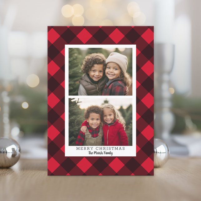 2 Photo Red Black Buffalo plaid - God jul Julkort (Photo Christmas Card)