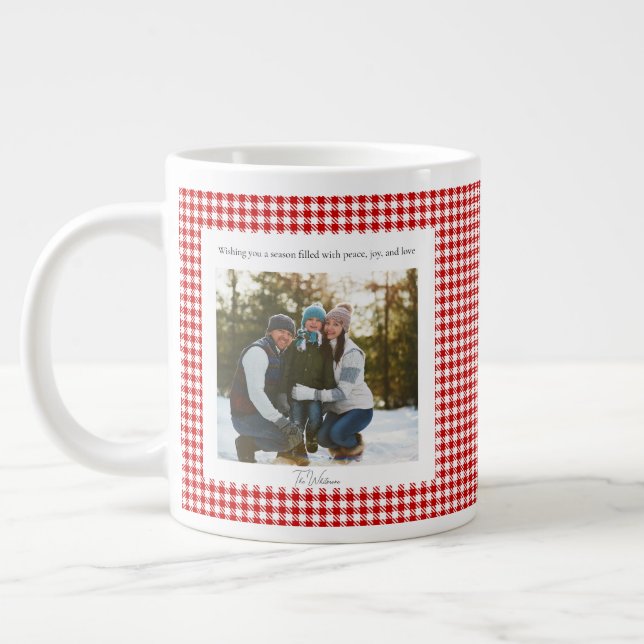 2 Photo Red Plaid Rustic Monogram Trendy Christmas Jumbo Mugg (Vänster)