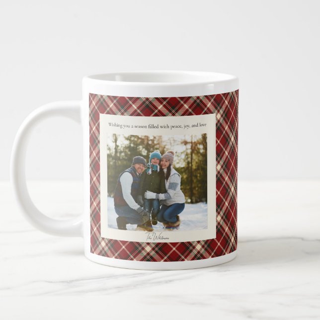 2 Photo Red Plaid Rustic Monogram Trendy Christmas Jumbo Mugg (Vänster)