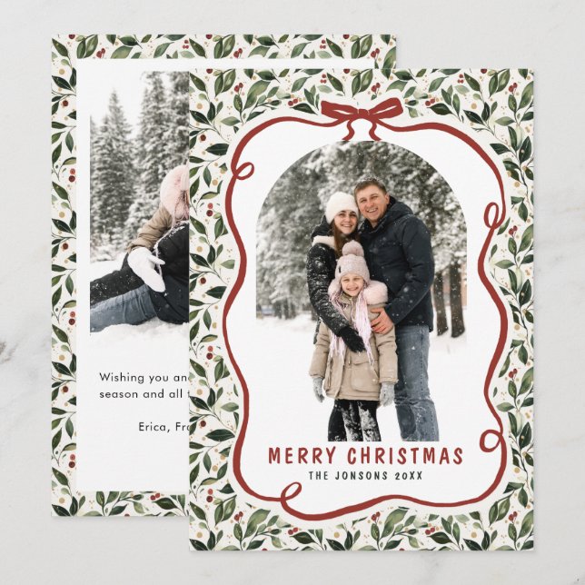 2 Photo Retro Christmas Hand Drawn Red Bow Ribbon Julkort (Fram/baksida)