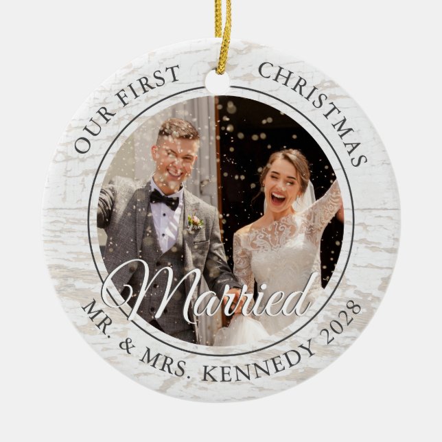 2 Photo Rustic First jul Married White Wood Julgransprydnad Keramik (Framsidan)