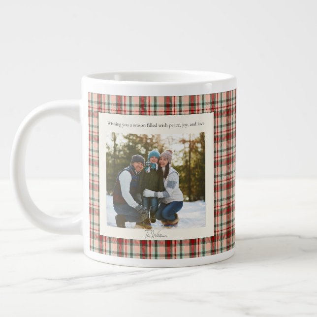 2 Photo Rustic Green Red Plaid Monogram Christmas Jumbo Mugg (Vänster)