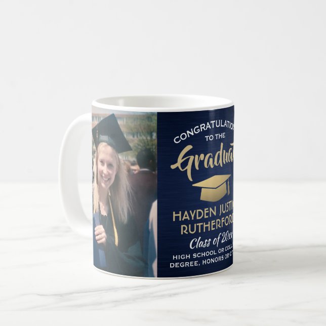 2 Photo Studenten Brushed Navy Blue Guld & White Kaffemugg (Framsida vänster)