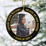 2 Photo Studenten Elegant Black Guld Gult Julgransprydnad Keramik<br><div class="desc">Minneshögtidlighålla student prestation med en elegant svart och guld gult anpassningsbar två foto runt studenten julprydnad. Bilder och all text är enkla att anpassa och kan vara olika framtill och bakåt.(IMAGE & TEXT DESIGN TIPS: 1) Om du vill justera ordningspositionen lägger du till blanksteg i början eller slutet. 2) Om...</div>