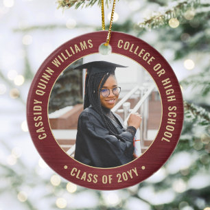 2 Photo Studenten Elegant Brushed Burgundy & Guld Julgransprydnad Keramik