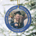 2 Photo Studenten Elegant Brushed Royal Blue Guld Julgransprydnad Keramik<br><div class="desc">Minneshögtidlighålla student prestation med en elegant blå och guld anpassningsbar två foto runt studenten julprydnad. Bilder och all text är enkla att anpassa och kan vara olika framtill och bakåt. (IMAGE & TEXT DESIGN TIPS: 1) Lägg till blanksteg i början eller slutet om du vill justera skrivläget. 2) Om du...</div>
