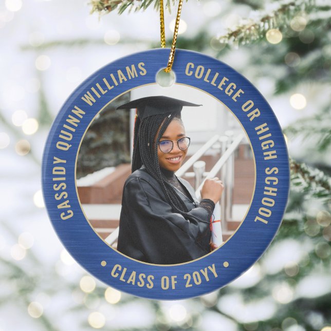 2 Photo Studenten Elegant Brushed Royal Blue Guld Julgransprydnad Keramik (Skapare uppladdad)