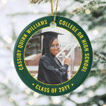 2 Photo Studenten Elegant Grönt Guld Gult Julgransprydnad Keramik<br><div class="desc">Minneshögtidlighålla student prestation med en elegant grönt och guld gult anpassningsbar två foto runt studenten julprydnad. Bilder och all text är enkla att anpassa och kan vara olika framtill och bakåt. (IMAGE & TEXT DESIGN TIPS: 1) Lägg till blanksteg i början eller slutet om du vill justera skrivläget. 2) Om...</div>