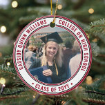 2 Photo Studenten Elegant Modern Red Black White Julgransprydnad Keramik<br><div class="desc">Minneshögtidlighålla student prestation med en röd, svart och vit elegant anpassningsbar två foto runt studenten julprydnad. Bilder och all text är enkla att anpassa och kan vara olika framtill och bakåt. (IMAGE & TEXT DESIGN TIPS: 1) Lägg till blanksteg i början eller slutet om du vill justera skrivläget. 2) Om...</div>