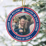2 Photo Studenten Elegant Red White och Blue Julgransprydnad Keramik<br><div class="desc">Minneshögtidlighålla student prestation med en patriotisk röd, vit och blå anpassningsbar två foto runt studenten julprydnad. Bilder och all text är enkla att anpassa och kan vara olika framtill och bakåt. (IMAGE & TEXT DESIGN TIPS: 1) Lägg till blanksteg i början eller slutet om du vill justera skrivläget. 2) Om...</div>
