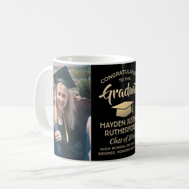 2 Photo Studenten Gratulerar Elegant Black och Gul Kaffemugg (Framsida vänster)