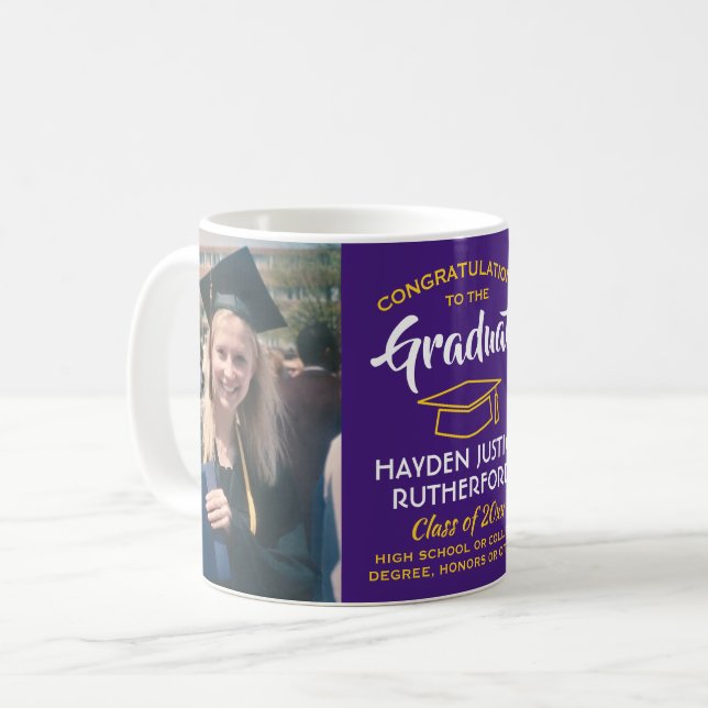 2 Photo Studenten Gratulerar Lila Guld Gult Kaffemugg (Framsida vänster)