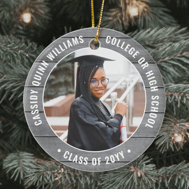 2 Photo Studenten Rustic Farmhouse Grått Faux Wood Julgransprydnad Keramik (Skapare uppladdad)