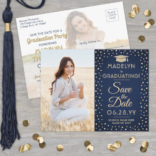 2 Photo Studenten Spara datum, marinblått och Guld Meddelande Vykort