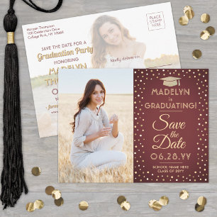 2 Photo Studenten spara datumet Burgundy och Guld Meddelande Vykort