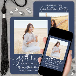 2 Photo Studentfest Navy Blue & White Script Inbjudningar