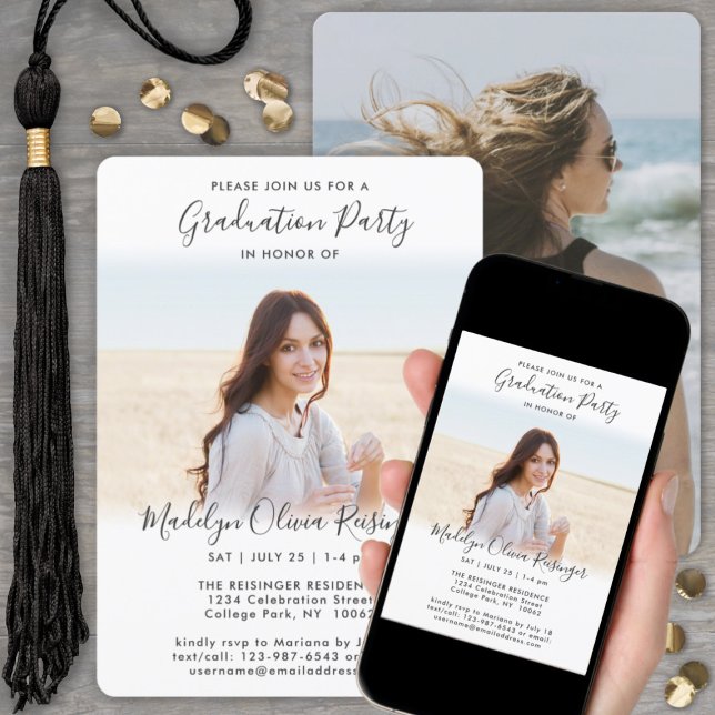 2 Photo Studentfest Simple Black White Script Inbjudningar (Skapare uppladdad)