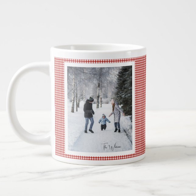 2 Photo Trendy Red Plaid Rustic Christmas Gift Jumbo Mugg (Vänster)