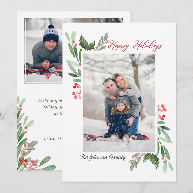 2 PHOTO Watercolor Mistletoe Holly Berry jul Julkort (Fram/baksida)