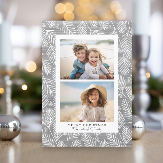 2 Photo White Gräns med Whimsical Gräs Grenar Julkort (Modern Christmas Photo Greeting Card)