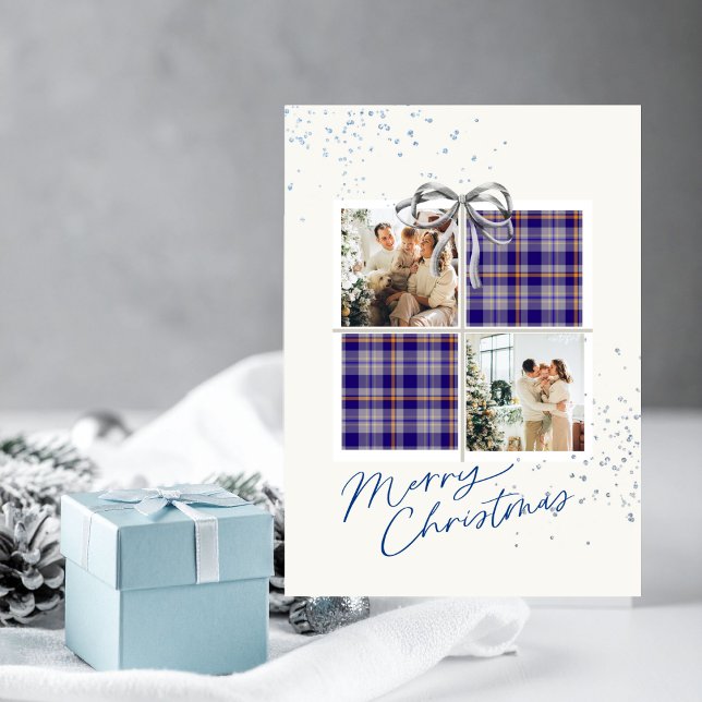 2 Photo X-mas Present Card Blue Tartan Silver Bow Inbjudningar (Personalized Christmas card with two photo frames and festive holiday details)