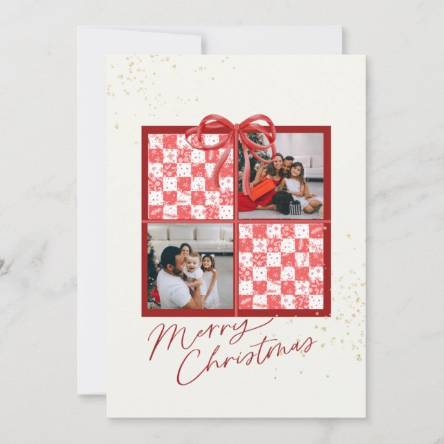 2-Photo X-mas Present Card Red Gingham Snowflakes Inbjudningar (Framsida)