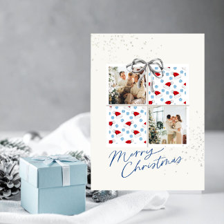 2-Photo X-mas Present Card Santa Hats Silver Bow Inbjudningar