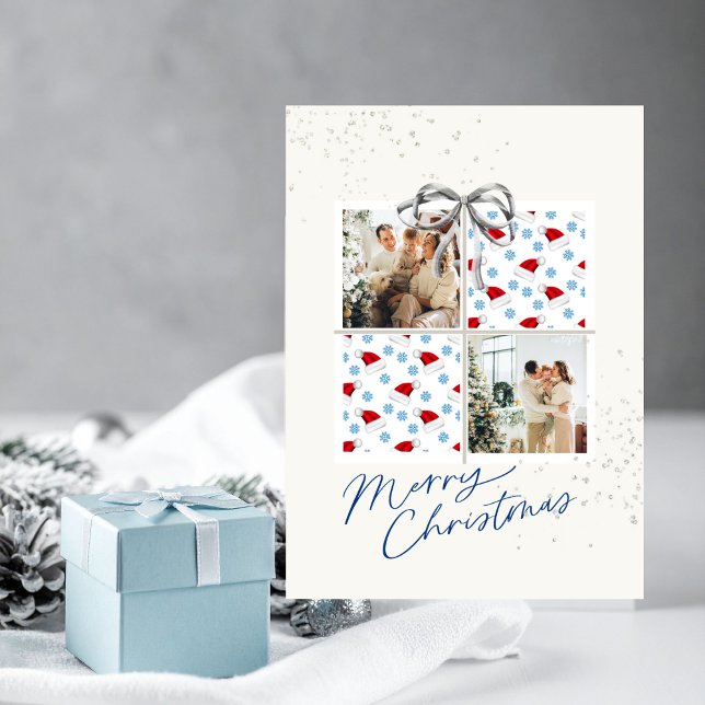 2-Photo X-mas Present Card Santa Hats Silver Bow Inbjudningar (Christmas card with two photo frames and festive holiday details in hues of blue)