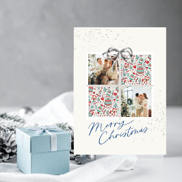 2-Photo X-mas Present Card Ugly Sweater Silver Bow Inbjudningar