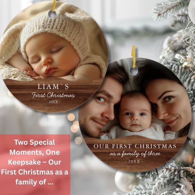 2 Photo's Baby Första jul - Rustic Wood Julgransprydnad Keramik (2 Photo´s Baby's First Christmas - Rustic Wood Ceramic Ornament)