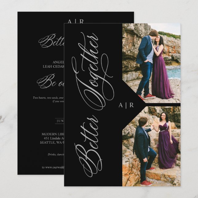 2 Photos Collage Silver Whimsical Luxury Modern Inbjudningar (Fram/baksida)