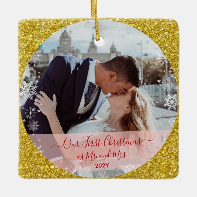 2 Photos Our First Christmas Mr Mrs Gold Glitter  Julgransprydnad Keramik (Framsida)