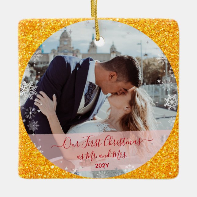 2 Photos Our First Christmas Mr Mrs Gold Glitter  Julgransprydnad Keramik (Framsida)