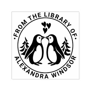 2 Pingviner Kyssande, Hjärtan Bibliotek Boknamn Självfärgande Stämpel