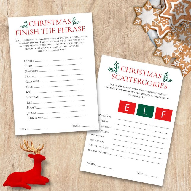 2 Printable Christmas Games Scattegories Card Inbjudningar (Front and back view)