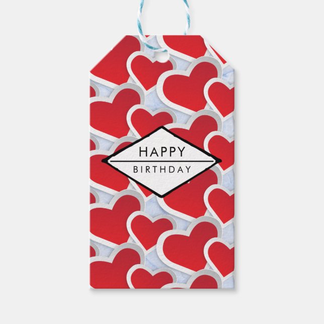 2 Red Hearts Upprepande Mönster Cute Birthday Presentetikett (Framsidan)