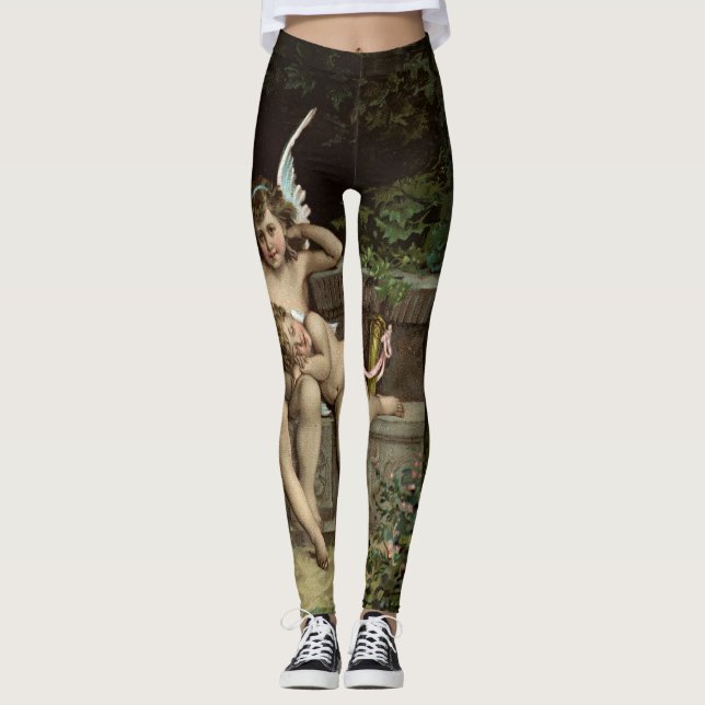 2 retro cupids som sitter damasker leggings (Framsida)