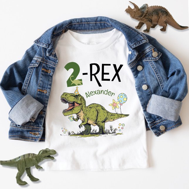2-Rex Cute Dinosaur-tema 2:a födelsedagen Party Na T Shirt (Cute 2-Rex cartoon dinosaur theme second birthday party t-shirt with kids name, T-Rex Dino, Two)