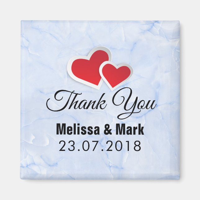 2 röda pappershjärtan på isblå marmor bröllop magnet (Framsidan)