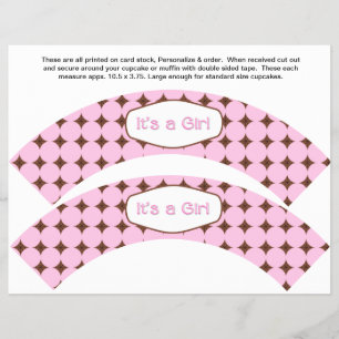2 Rosa GIRL Baby Personlig Cupkaka Wrappare Reklamblad