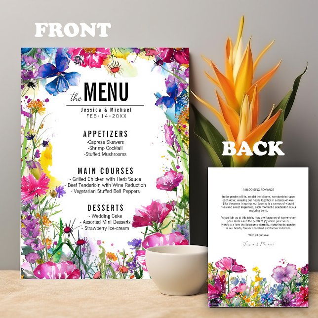 💓 2 sidade bröllop-menyuppsättningen för skuggblo meny (💓2 sided wedding menu Meadow Bloom collection. Add matching stationery to your shopping basket)