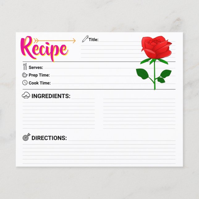 2 Sided Blank Floral Recipe Card with Cute Rose (Framsida)