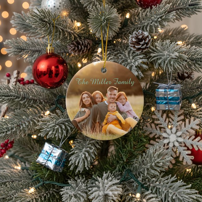 2-Sided  Elegant Script Overlay Double Photo  Julgransprydnad Keramik (Skapare uppladdad)