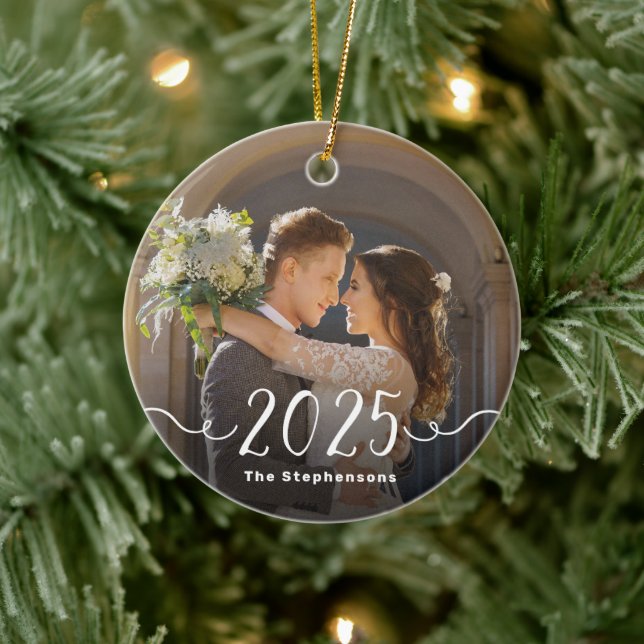 2-sidig 2025 Elegant Skript Overlägg Dubbel Foto Julgransprydnad Keramik (Träd)