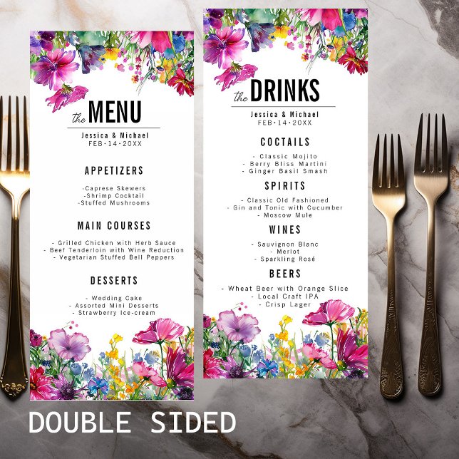 2-sidig bröllop MENU- och DRINKS-mörkerbloom Meny (2-sided wedding MENU & DRINKS Meadow Bloom part of big wedding stationary collection.)